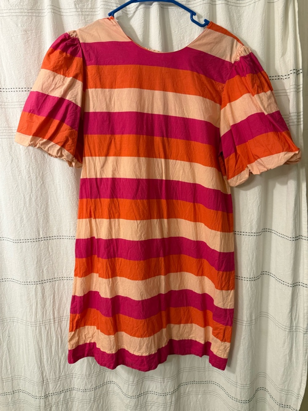 Bright Pink & Orange Striped Mini Dress with Puff Sleeves